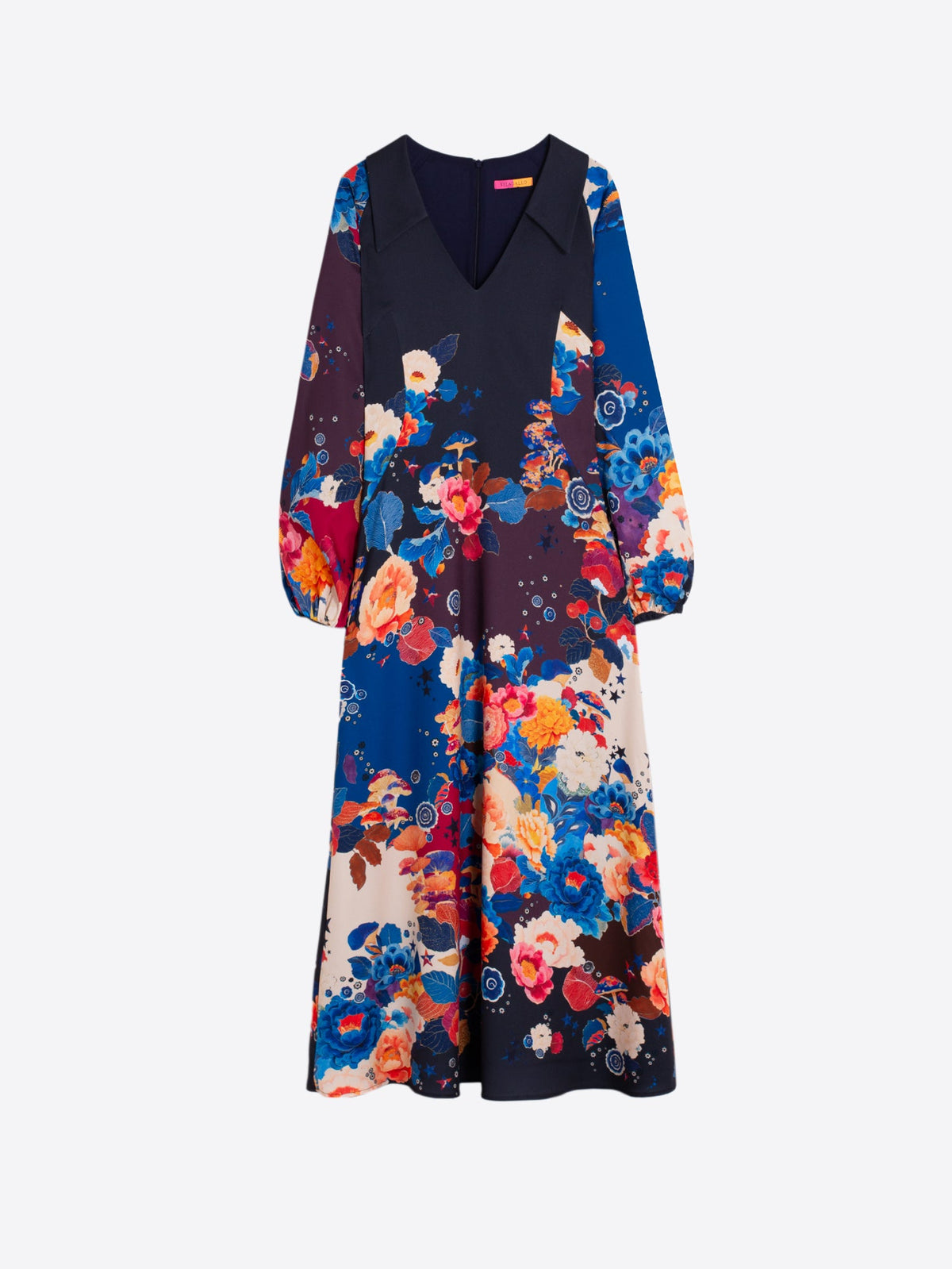 Vilagallo Flower and Mushroom Print Maxi Dress in Blue