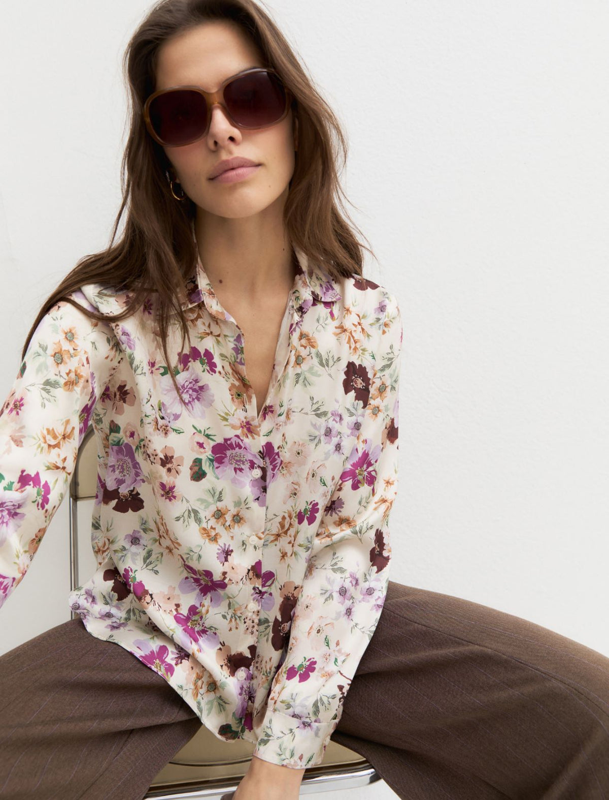 Emme Marella Printed Satin Shirt in Cream Floral Print