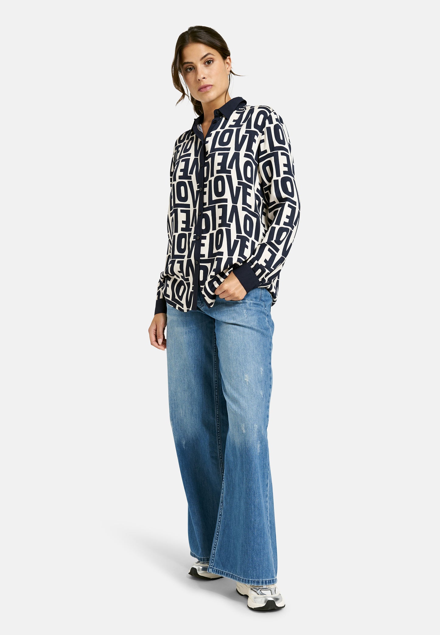 Milano Italy Love Printed Blouse in Navy