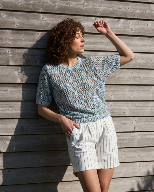 Red Button Cleo Linen Shorts in Navy Stripe