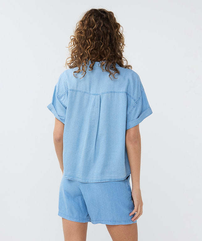 Cropped Denim Blouse in Light Blue