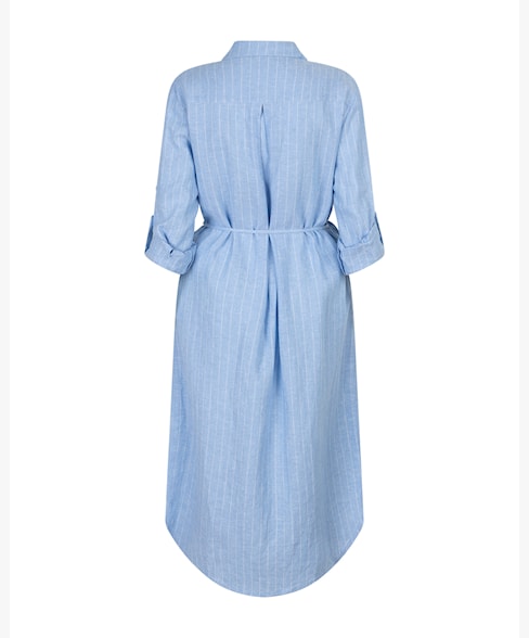Red Button Pinstripe Linen Shirt Dress in Light Blue
