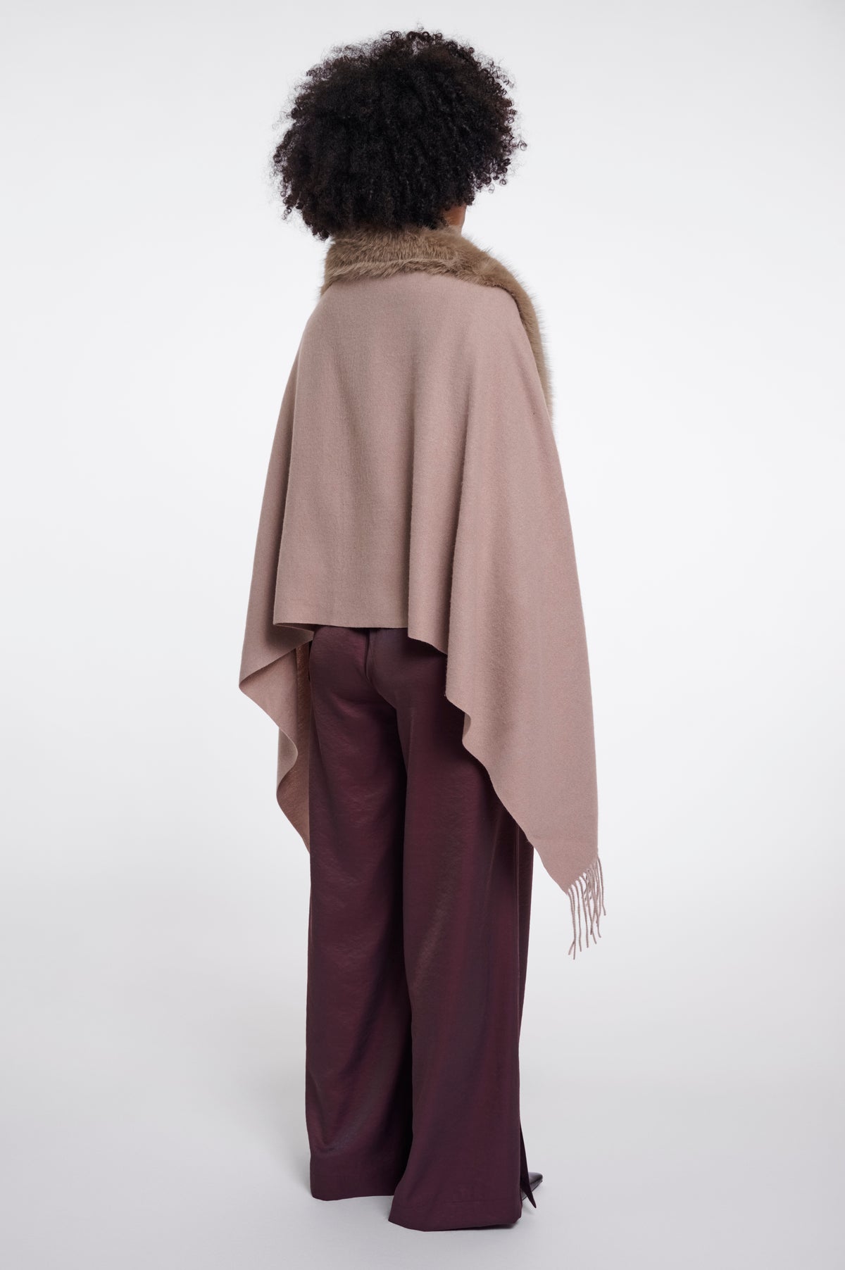 Rino & Pelle Wendy Fringed Cape with Faux Fur Collar in Mocha Latte