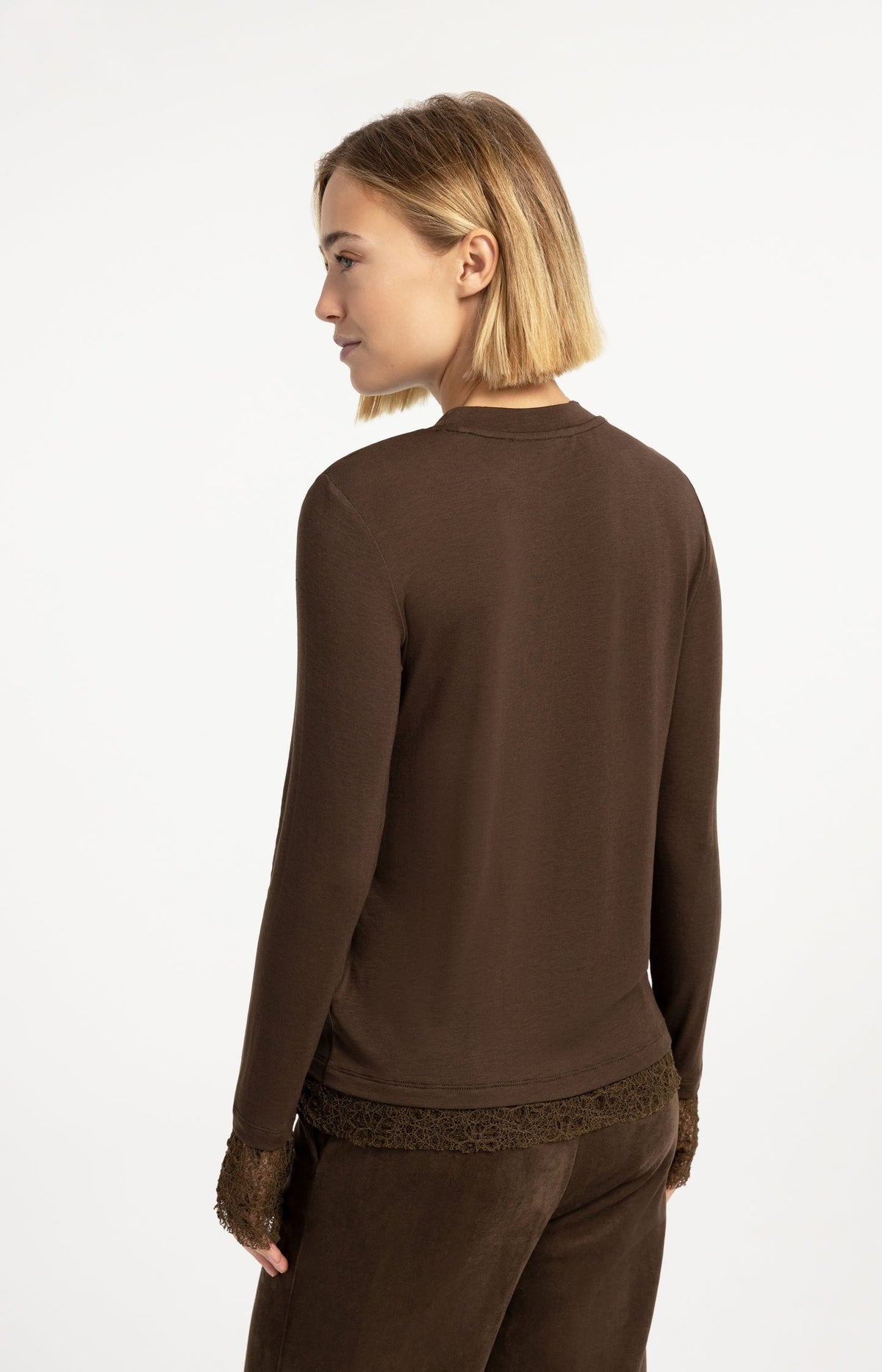 YAYA Lace Trim Long Sleeve Jersey Top in Slate Black Brown