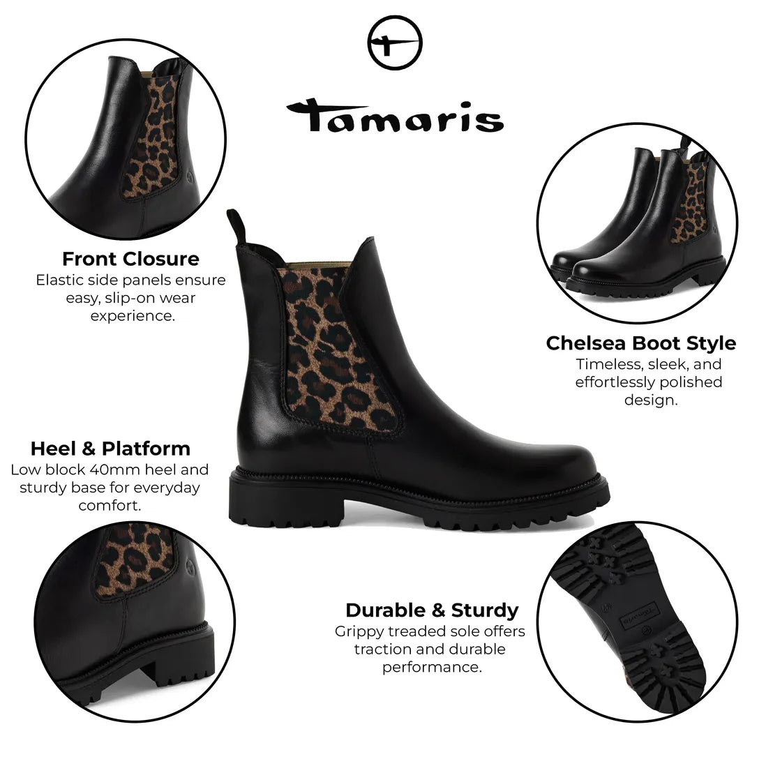Tamaris Leather Chelsea Boot in Black Leopard