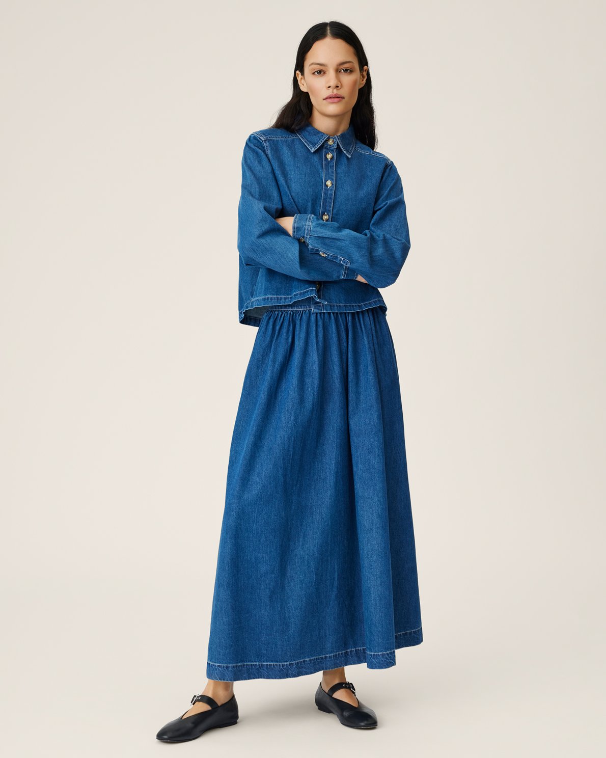 Shayla Denim Maxi Skirt in Midblue