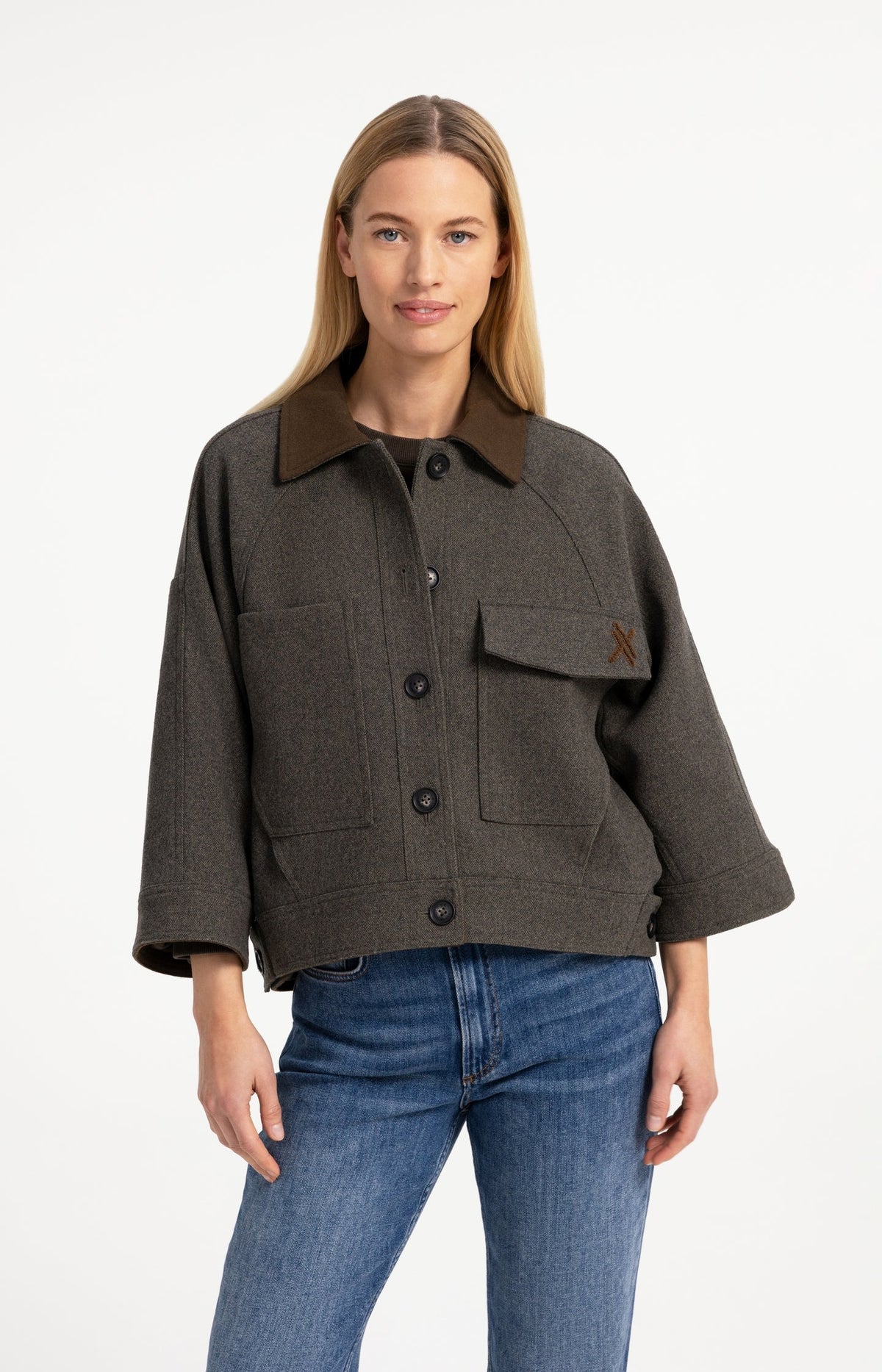 YAYA Oversized Wool Blend Jacket with Contrast Collar in Grey Melange