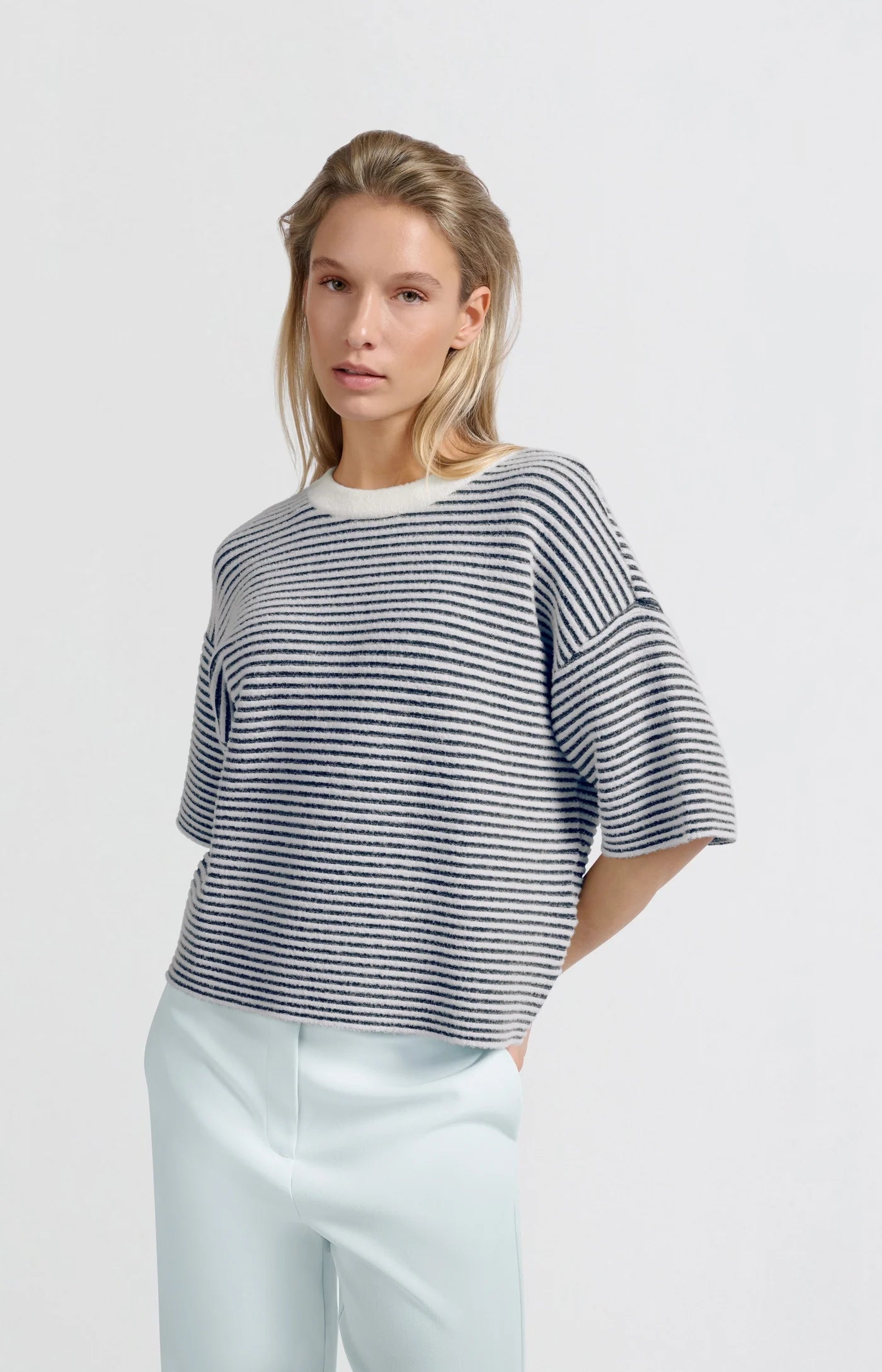 YAYA Striped Fluffy T-Shirt in Off White