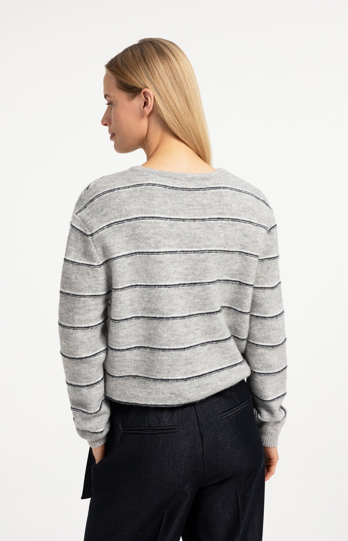 YAYA Striped Fine Knit Cardigan with Tie Detail in Medium Grey Melange