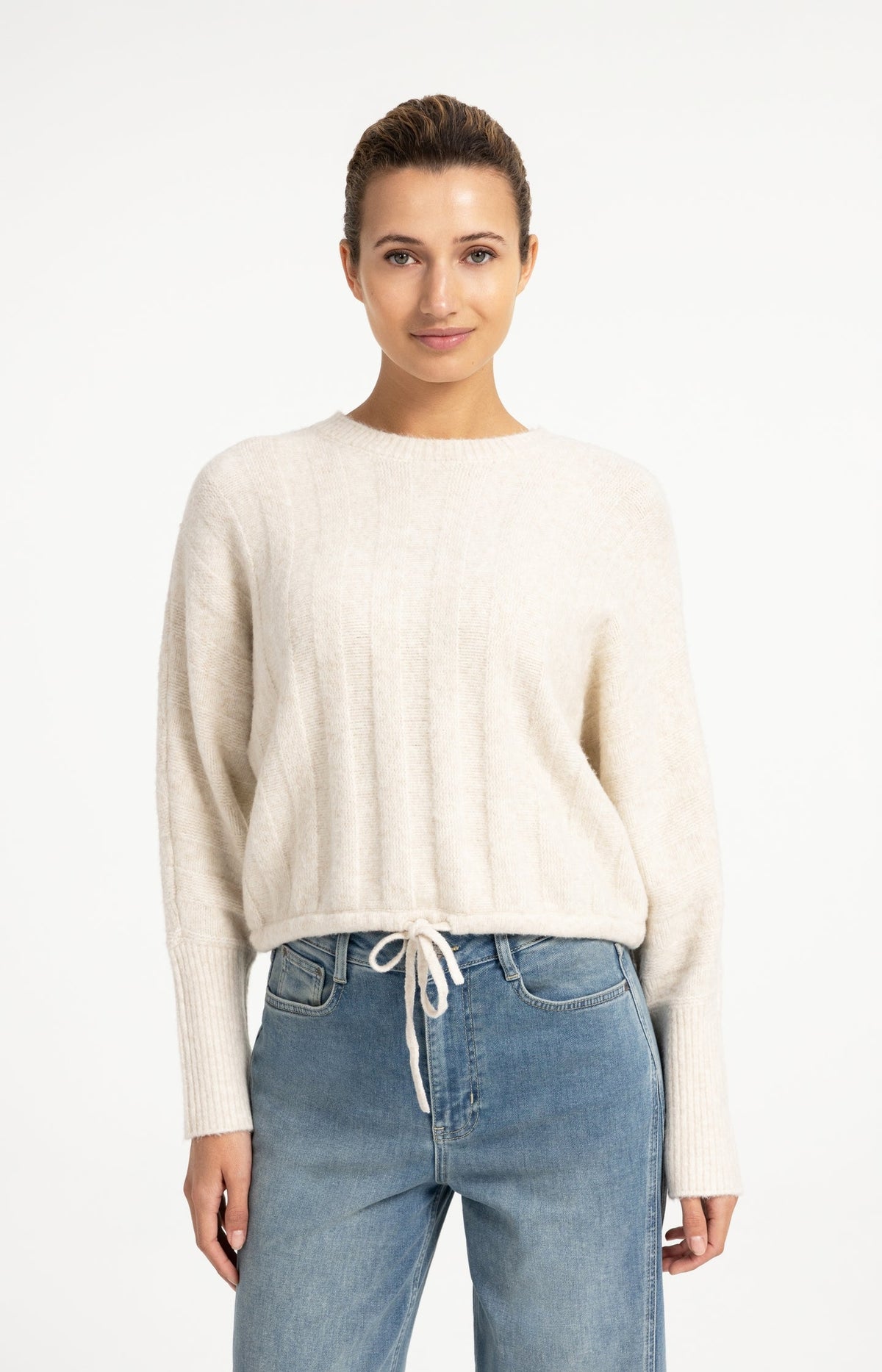 YAYA Batwing Sleeve Jumper with Drawcord Hem in Off White Melange