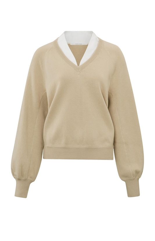 Sweater with Faux Shirt Detail in White Pepper Beige
