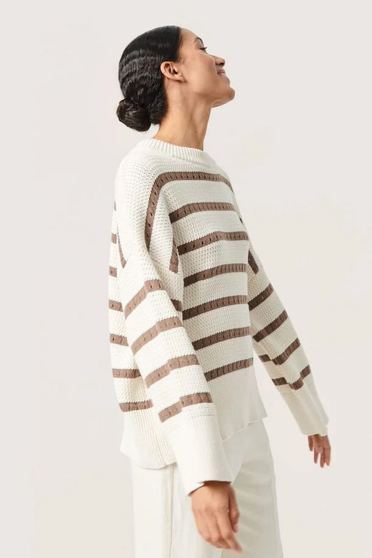 Striped Knit Sweater in White/Walnut