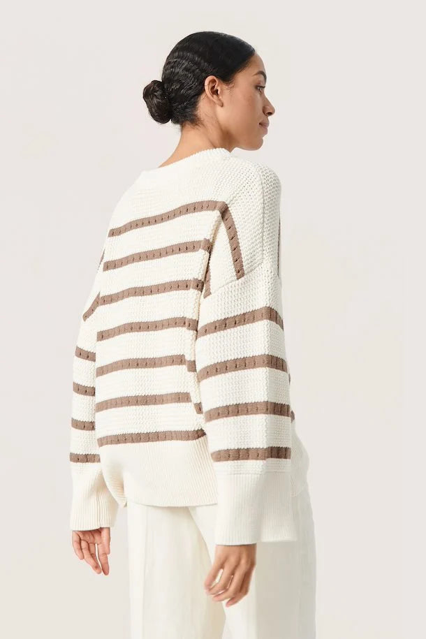 Striped Knit Sweater in White/Walnut