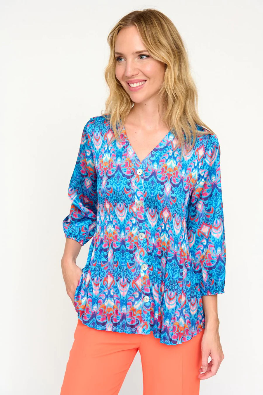 Printed Pleated Blouse in Blue