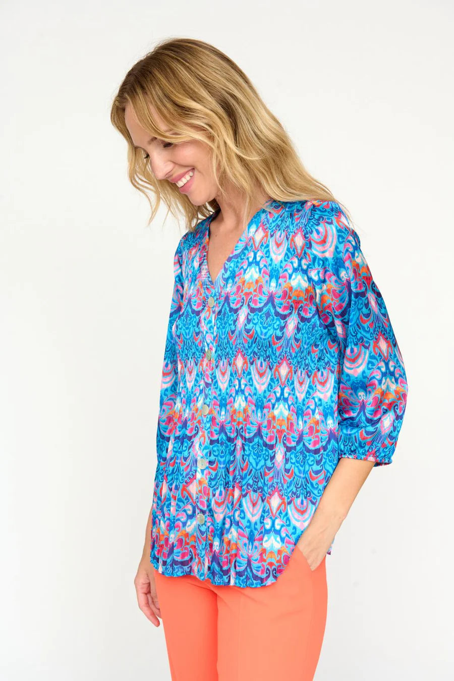Printed Pleated Blouse in Blue