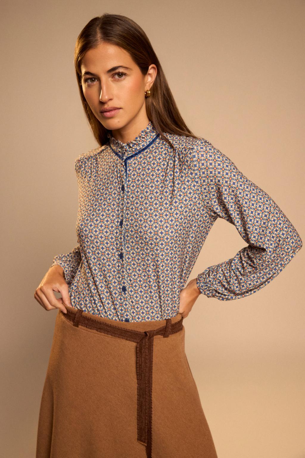 Tinta & Bariloche Encarnacion Ruffle Collar Printed Blouse in Blue