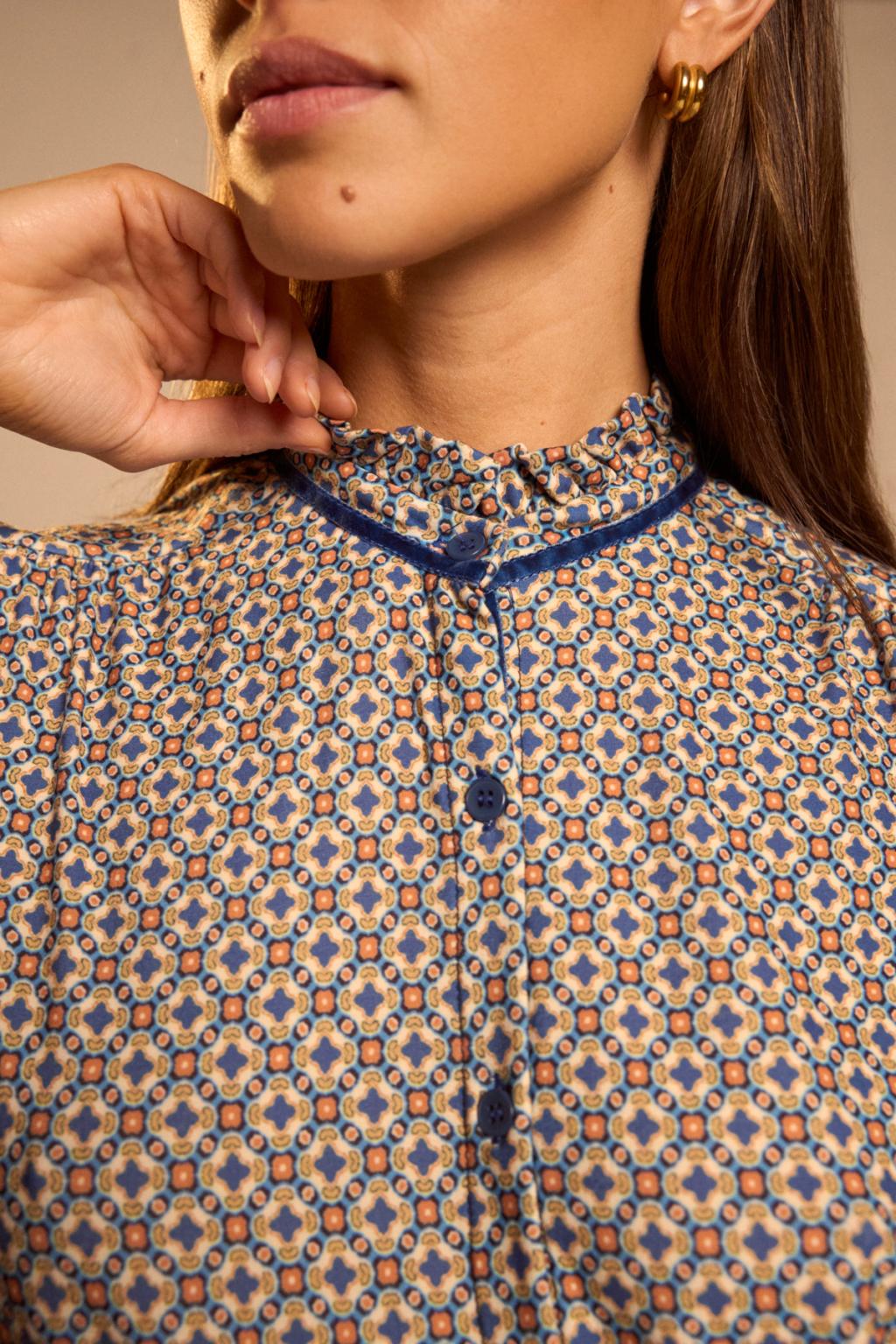 Tinta & Bariloche Encarnacion Ruffle Collar Printed Blouse in Blue