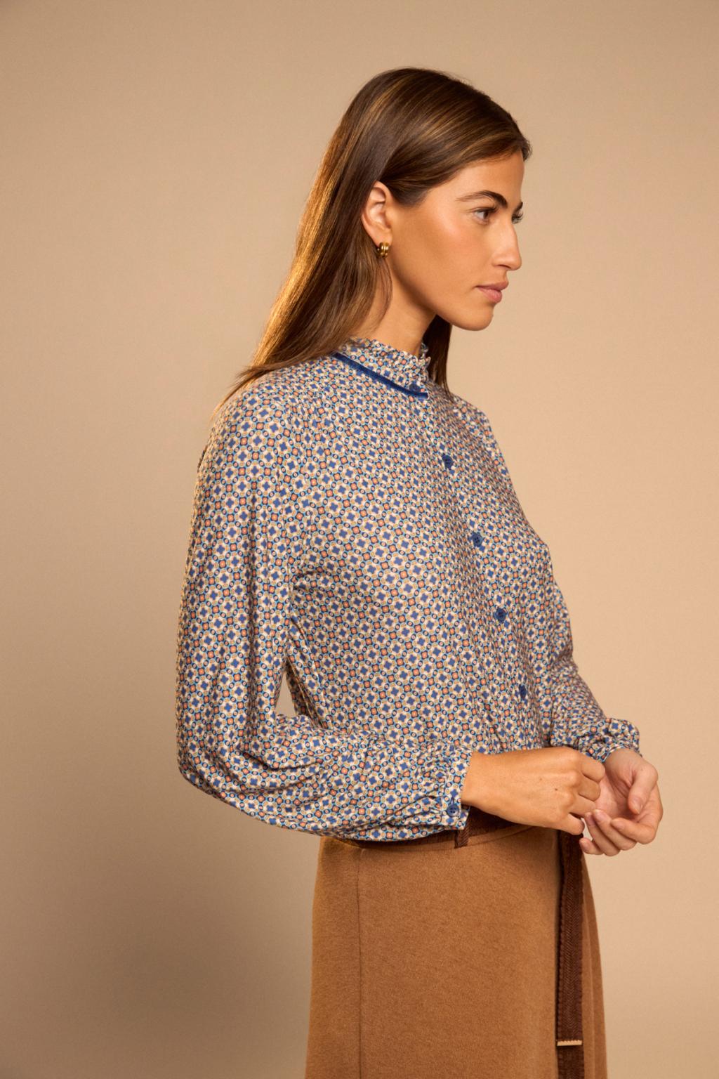 Tinta & Bariloche Encarnacion Ruffle Collar Printed Blouse in Blue
