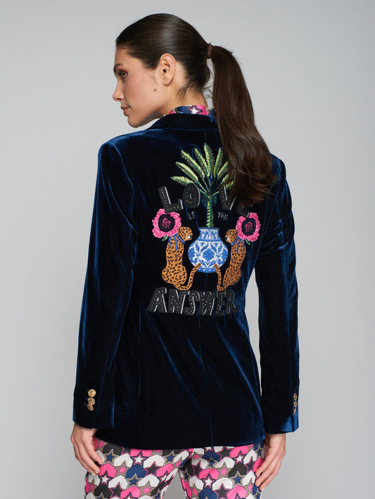 Velvet Embroidered Blazer in Navy