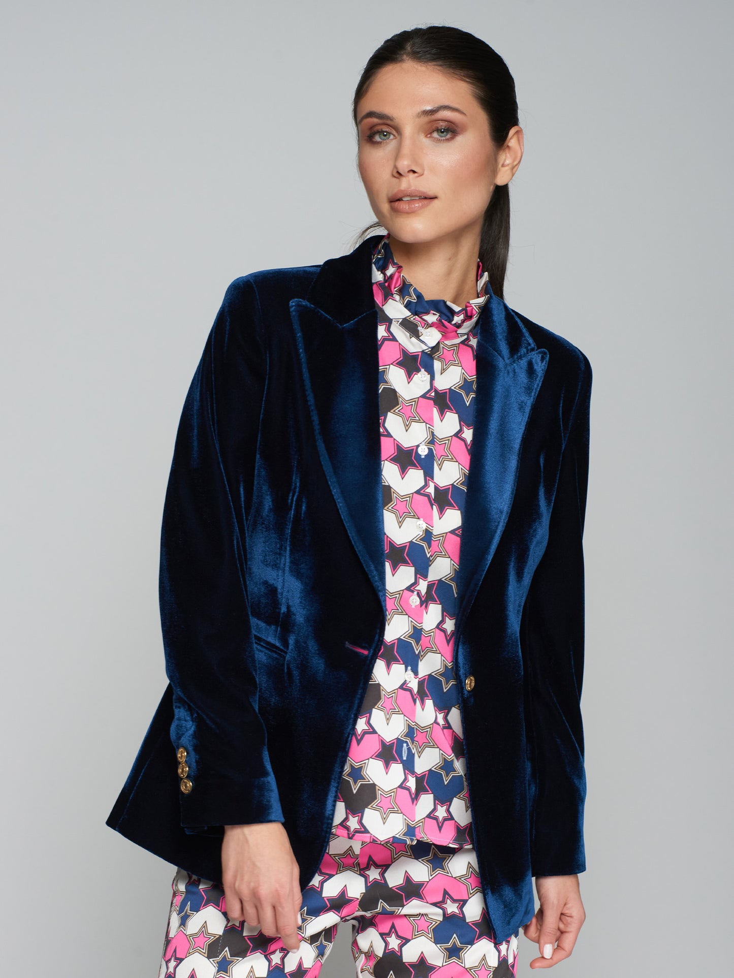 Velvet Embroidered Blazer in Navy