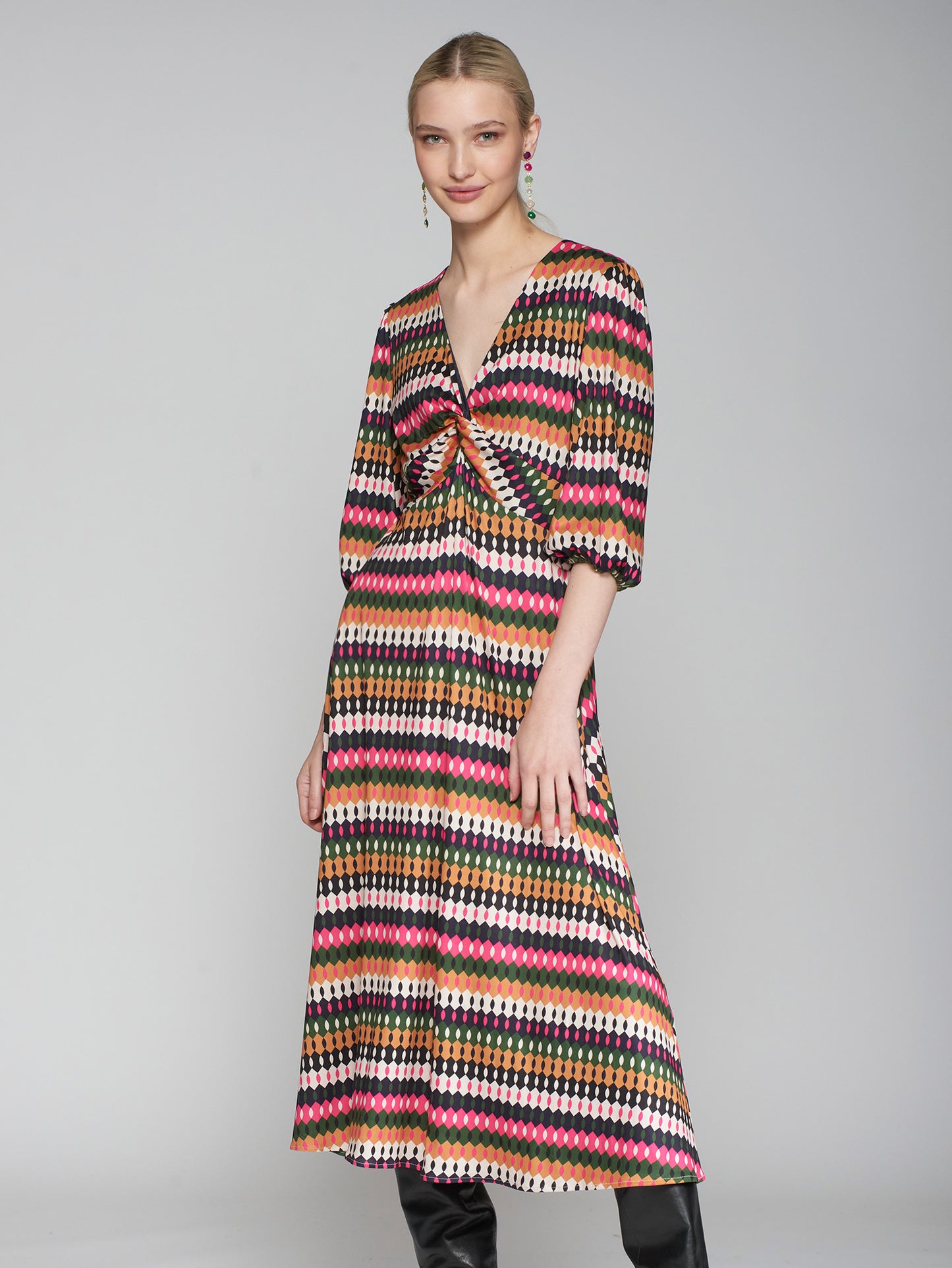 £/4 Sleeves Midaxi Dress in Geometric Print