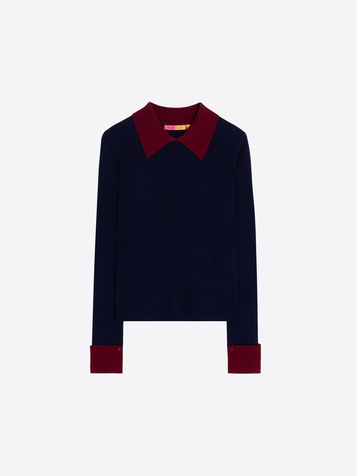Vilagallo Ribbed Jumper with Contrast Collar in Navy and Burgundy