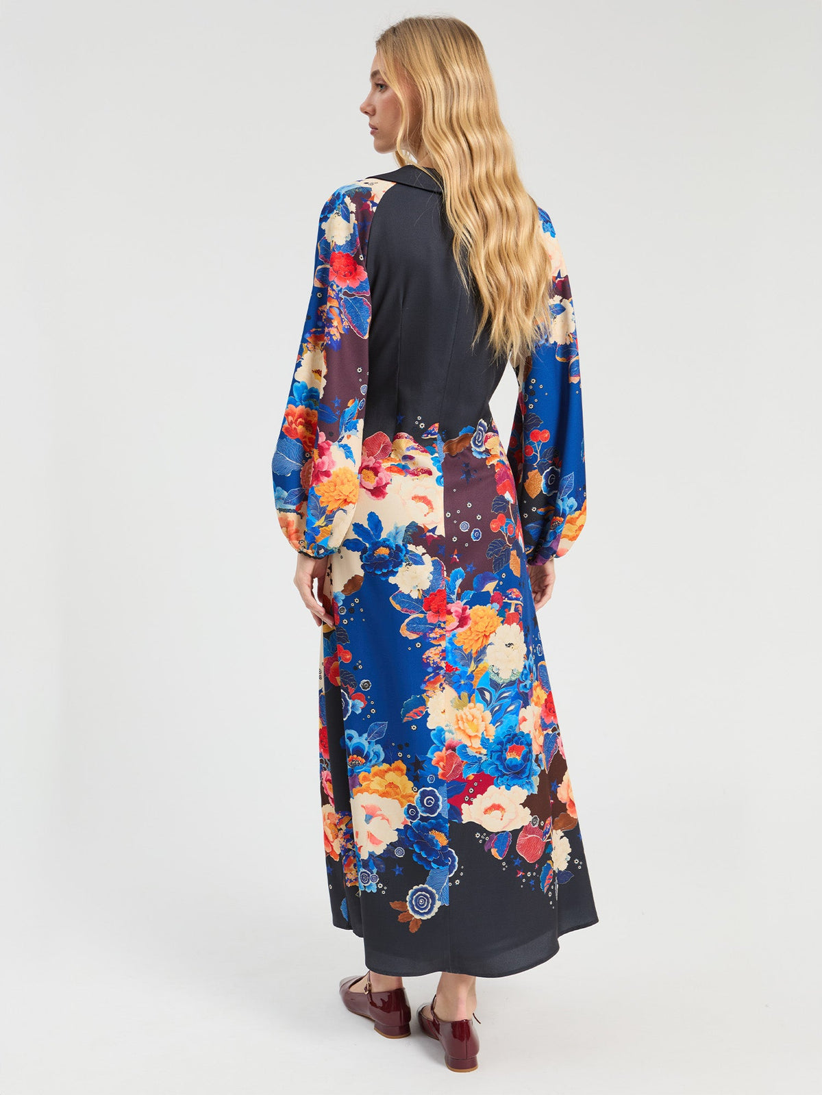 Vilagallo Flower and Mushroom Print Maxi Dress in Blue