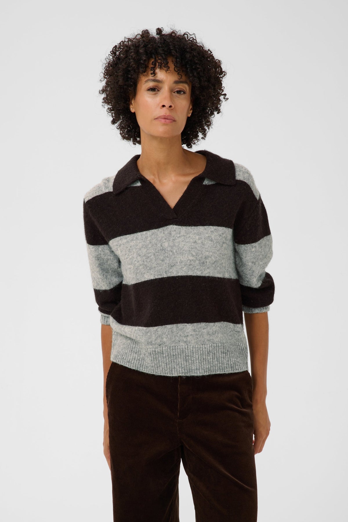 Part Two Charlott Striped Knit Jumper in Mole and Grey Melange