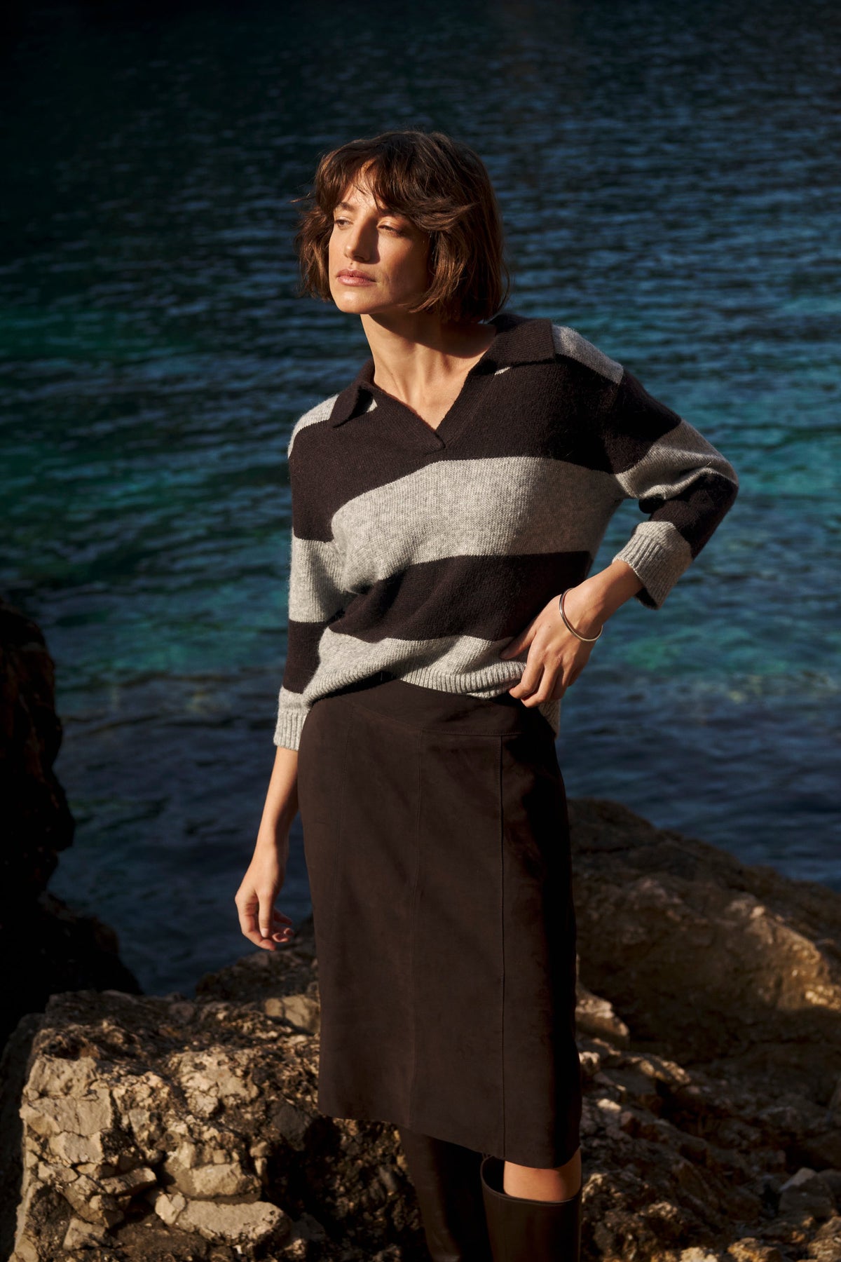 Part Two Charlott Striped Knit Jumper in Mole and Grey Melange