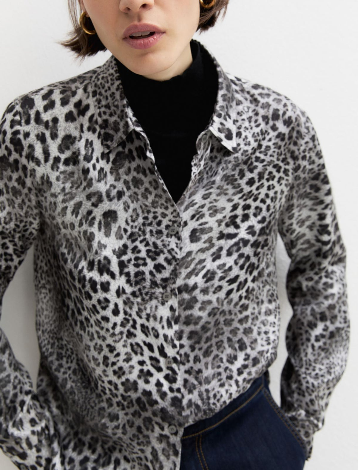 Emme Marella Printed Satin Shirt in Grey Animal Print