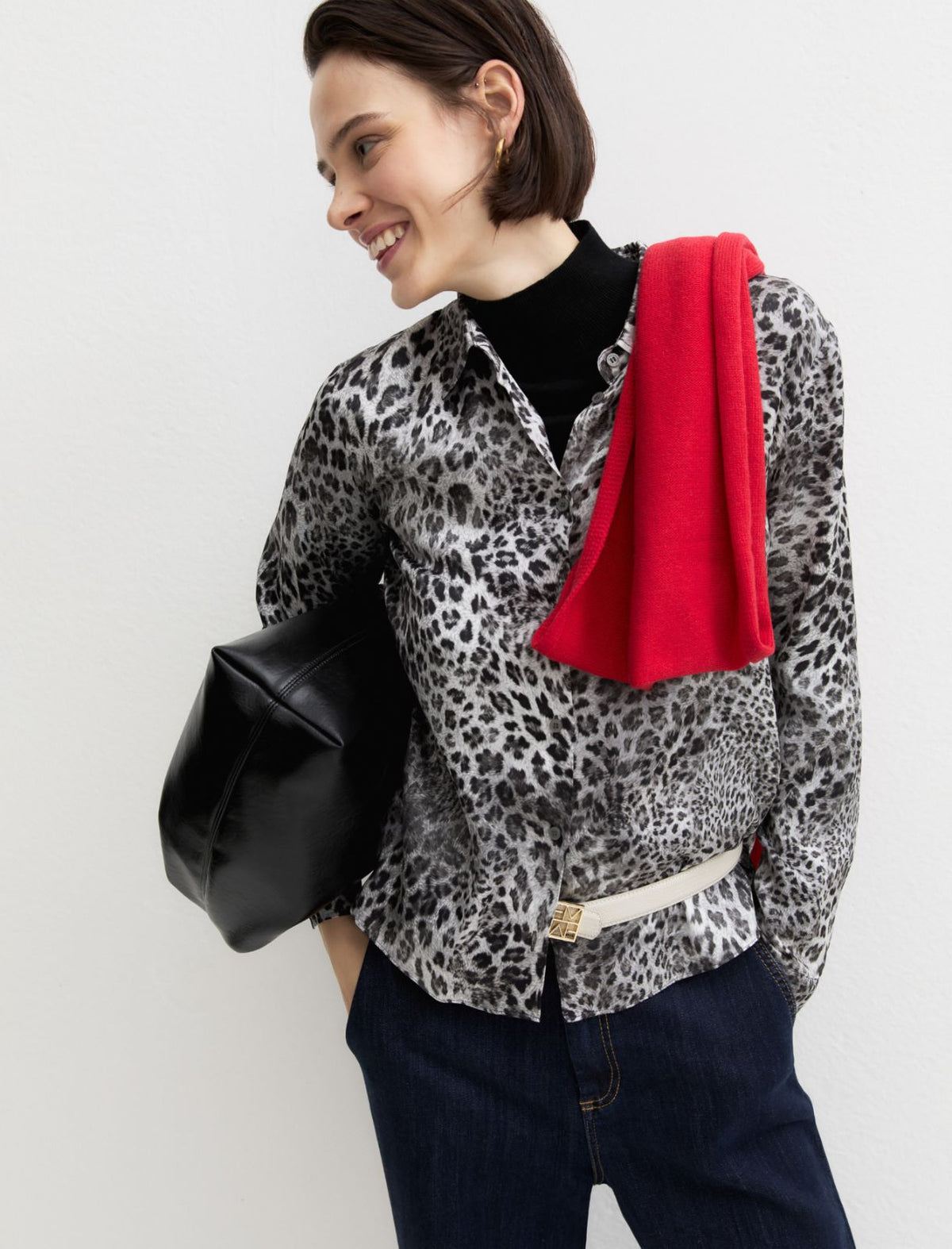 Emme Marella Printed Satin Shirt in Grey Animal Print