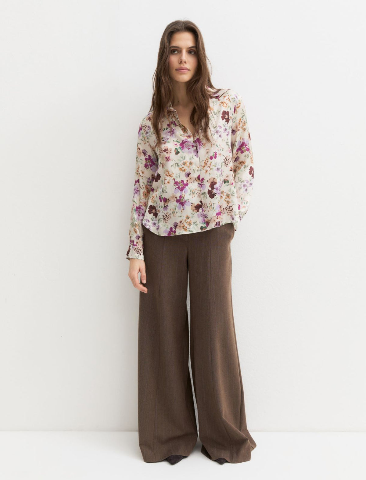 Emme Marella Printed Satin Shirt in Cream Floral Print