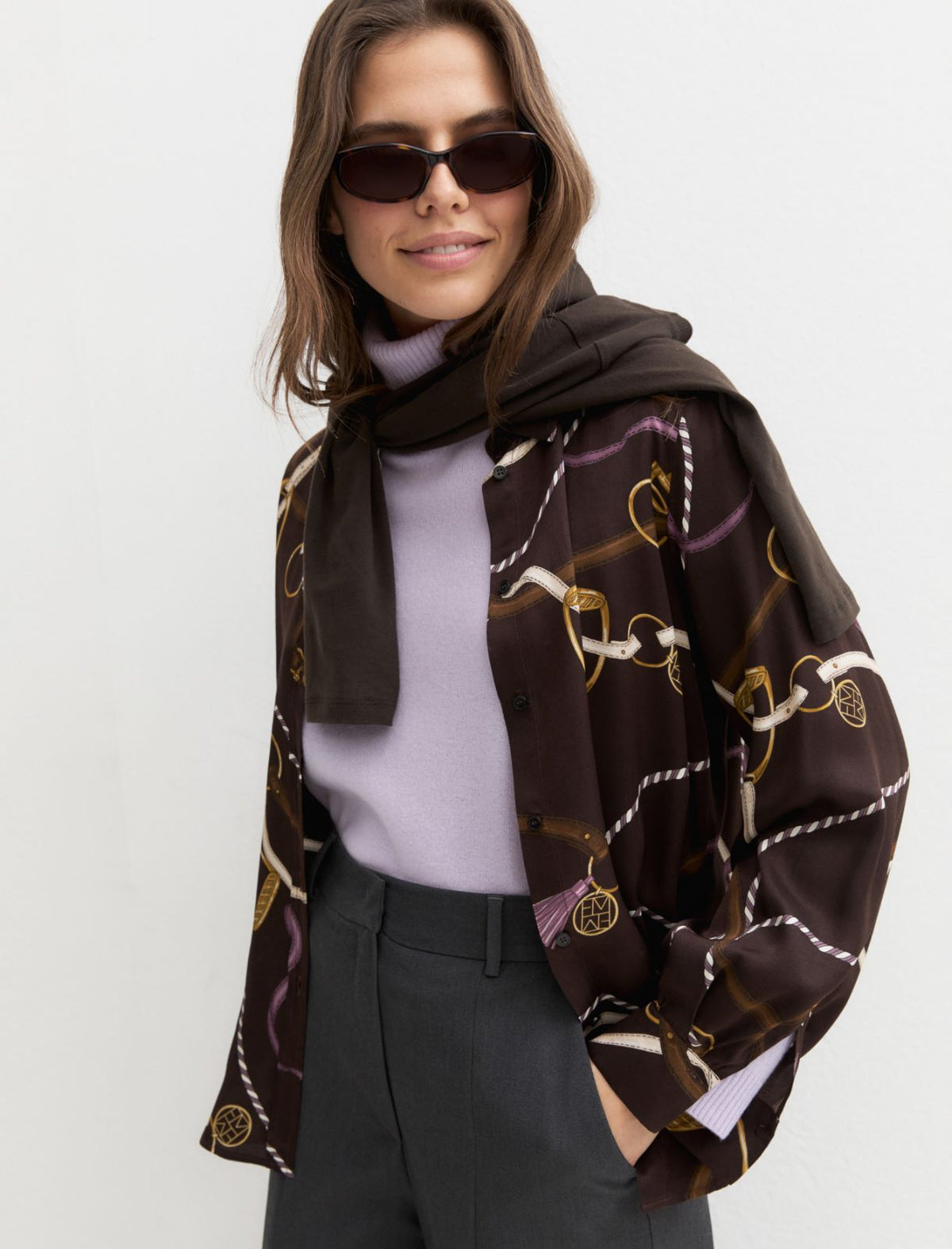 Emme Marella Printed Viscose Twill Shirt in Dark Brown Print
