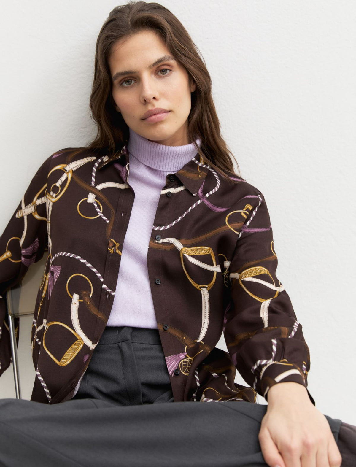 Emme Marella Printed Viscose Twill Shirt in Dark Brown Print