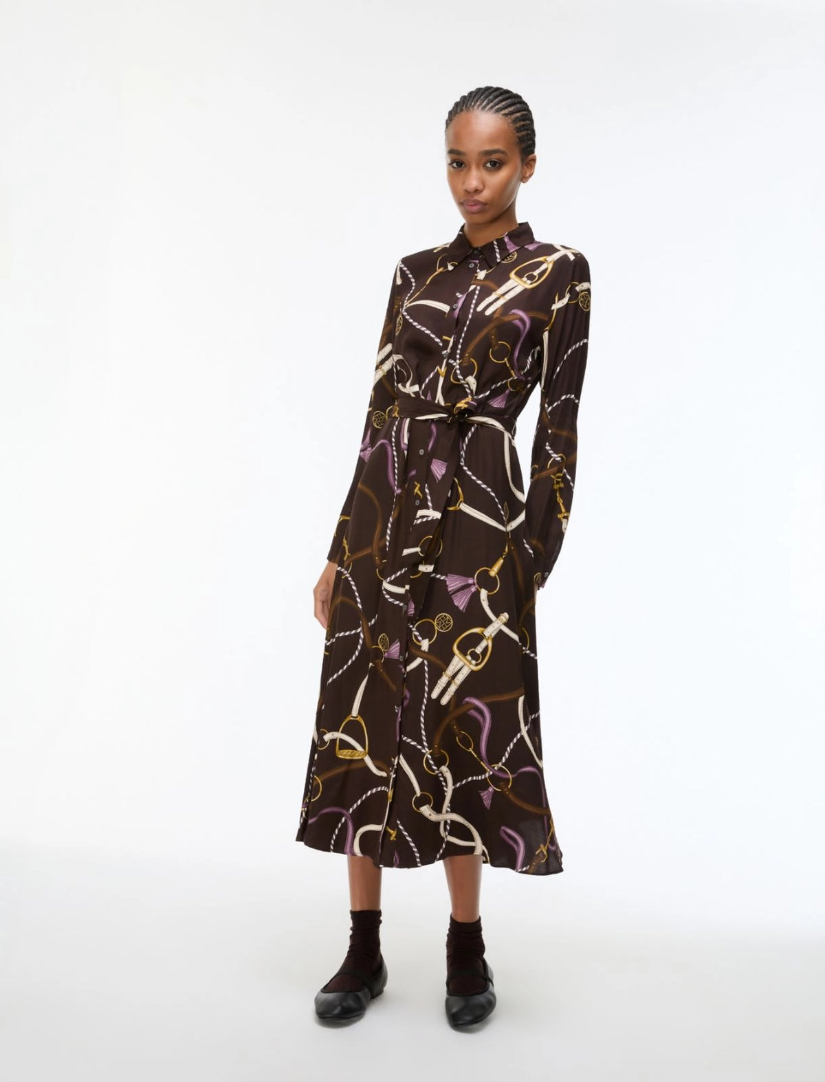 Emme Marella Printed Twill Shirt Dress in Dark Brown