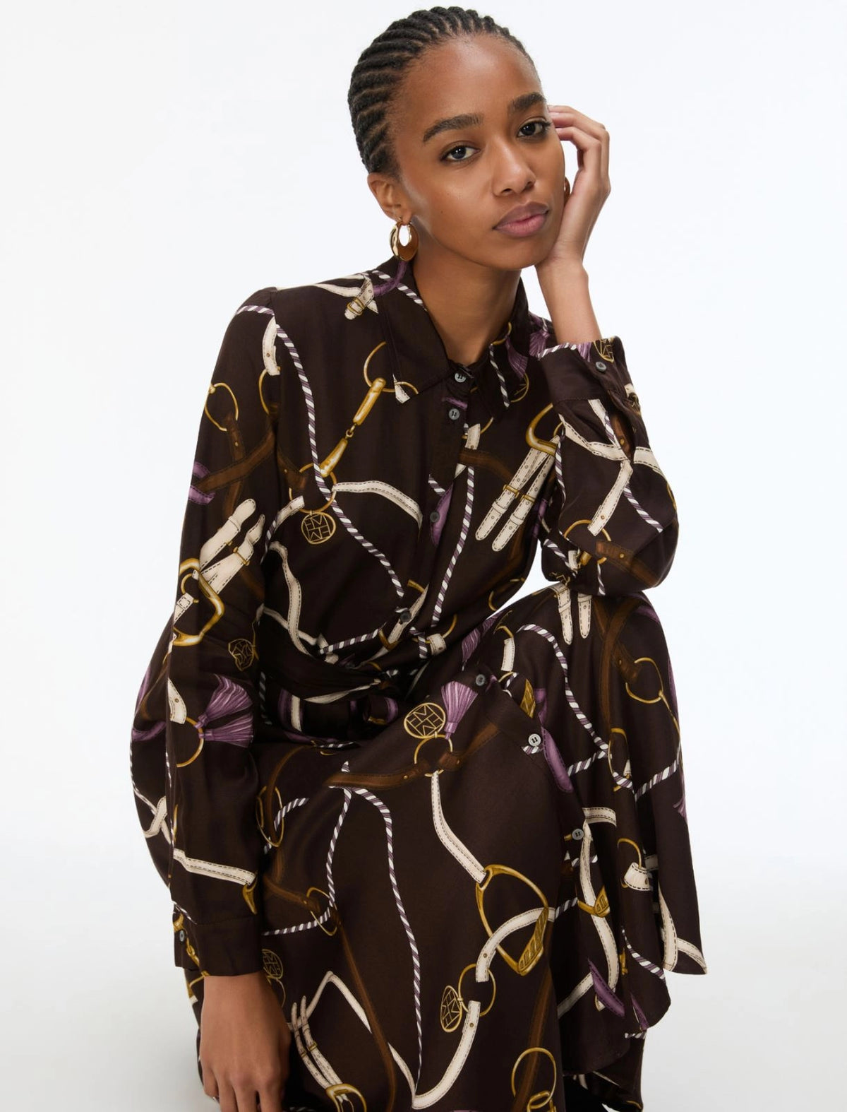 Emme Marella Printed Twill Shirt Dress in Dark Brown