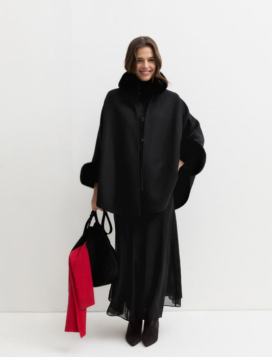 Emme Marella Cape with Faux Fur Trim in Black