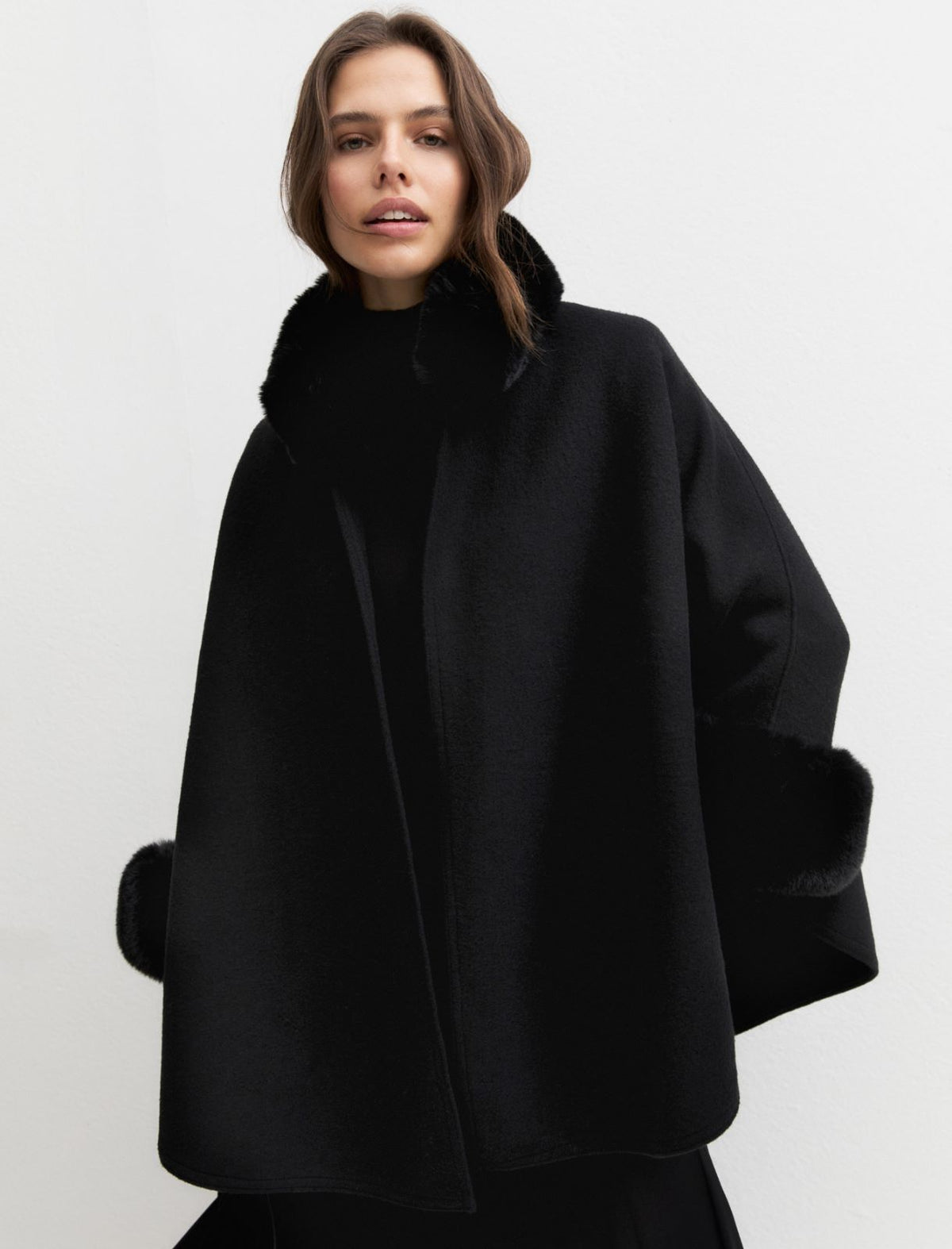 Emme Marella Cape with Faux Fur Trim in Black