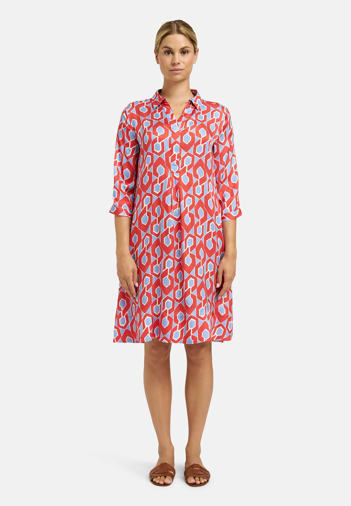 Milano Italy 3/4 Sleeves Dress in Red Geometric