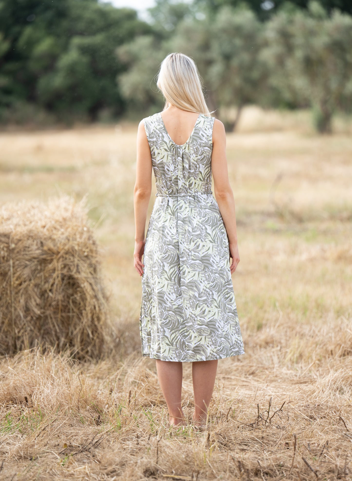 Midi-Dress in Olive Leaf Print