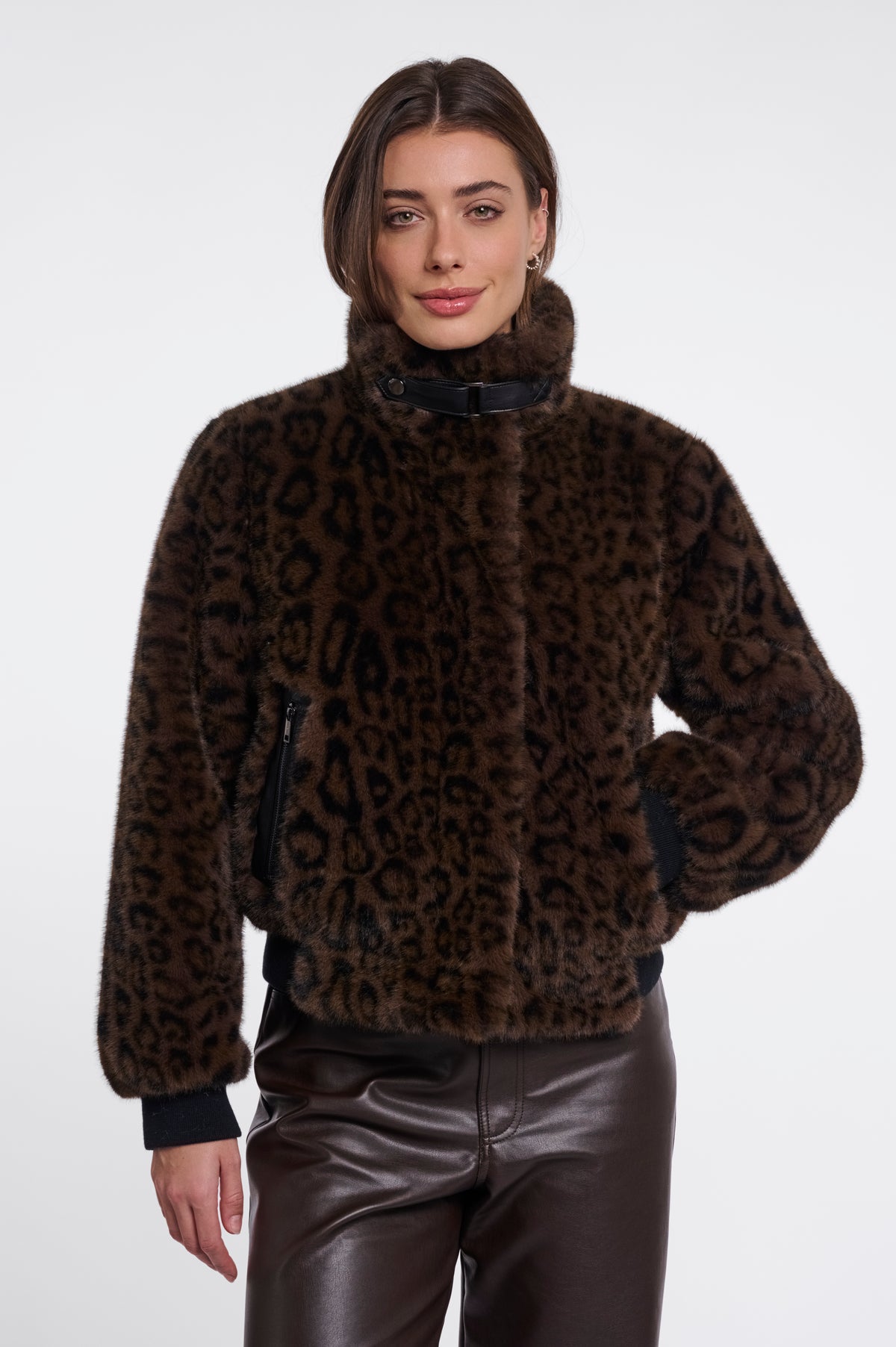 Rino & Pelle Ambra Short Faux Fur Jacket in Brown Leopard