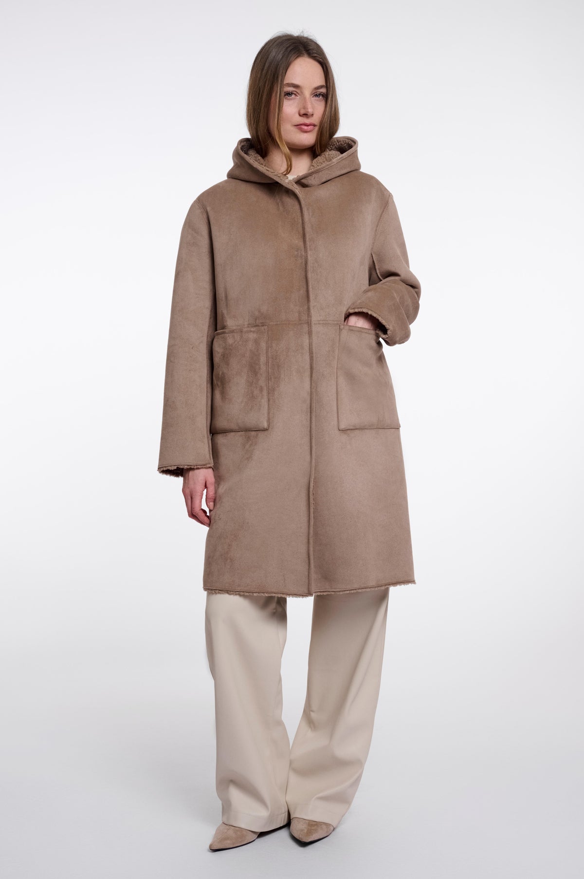 Rino & Pelle Ami Reversible Hooded Long Coat in Mocha Latte