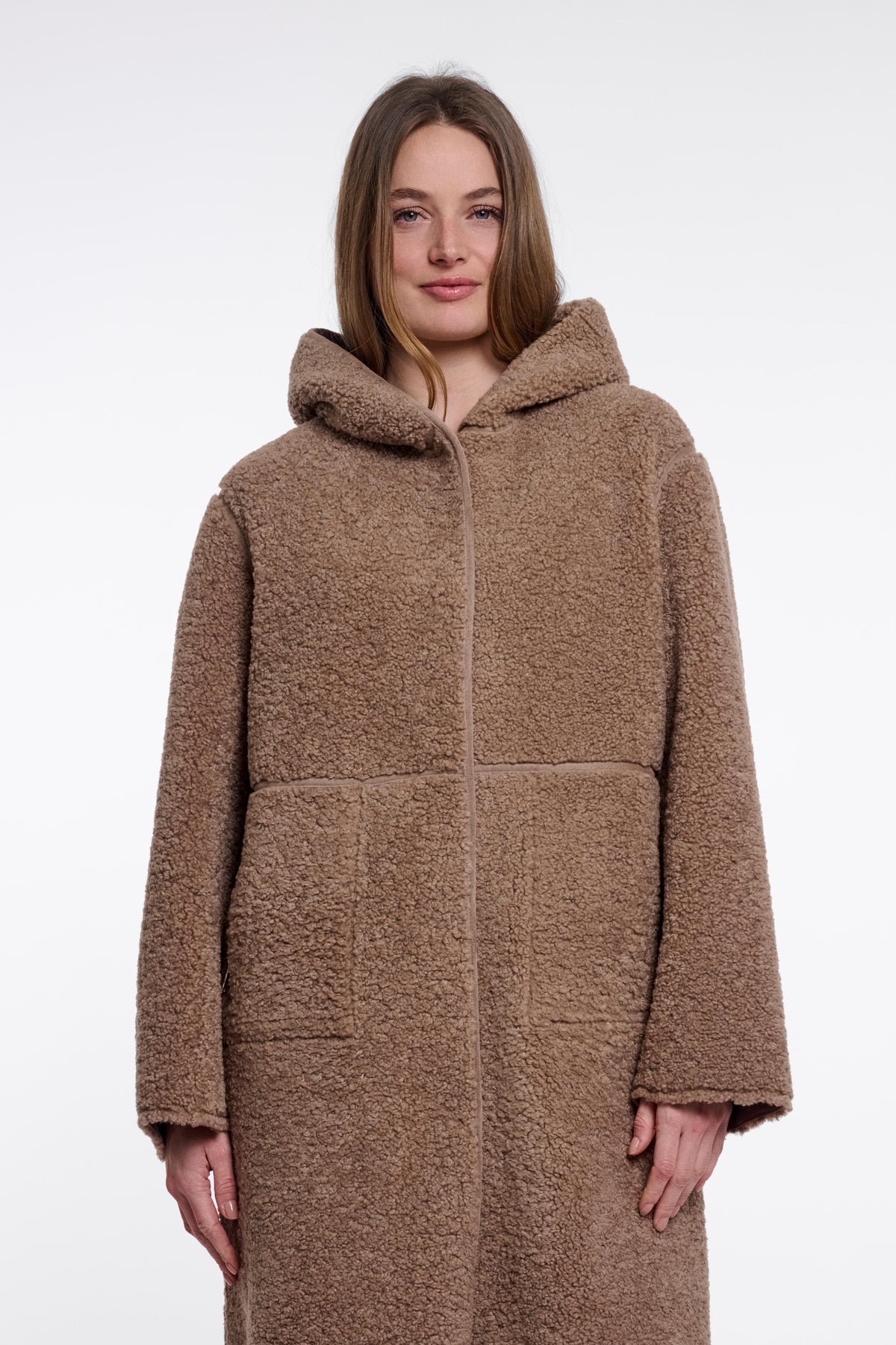 Rino & Pelle Ami Reversible Hooded Long Coat in Mocha Latte