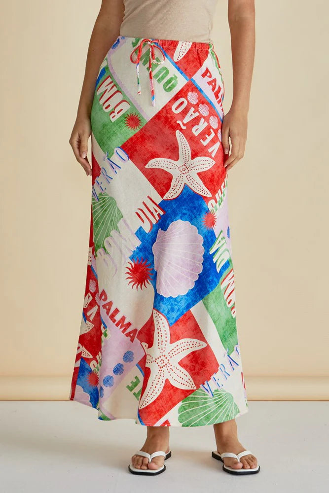 Betty Basics Brooke Maxi Linen Skirt in Seashell Print