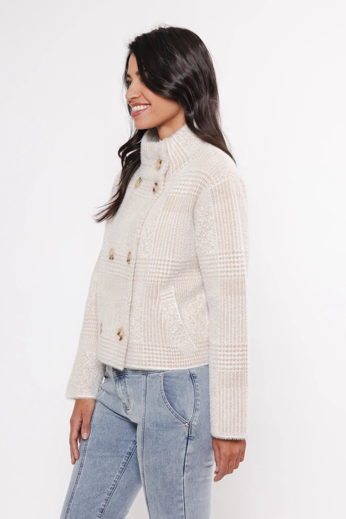 Beth Double-Breasted Cardigan in Stone check