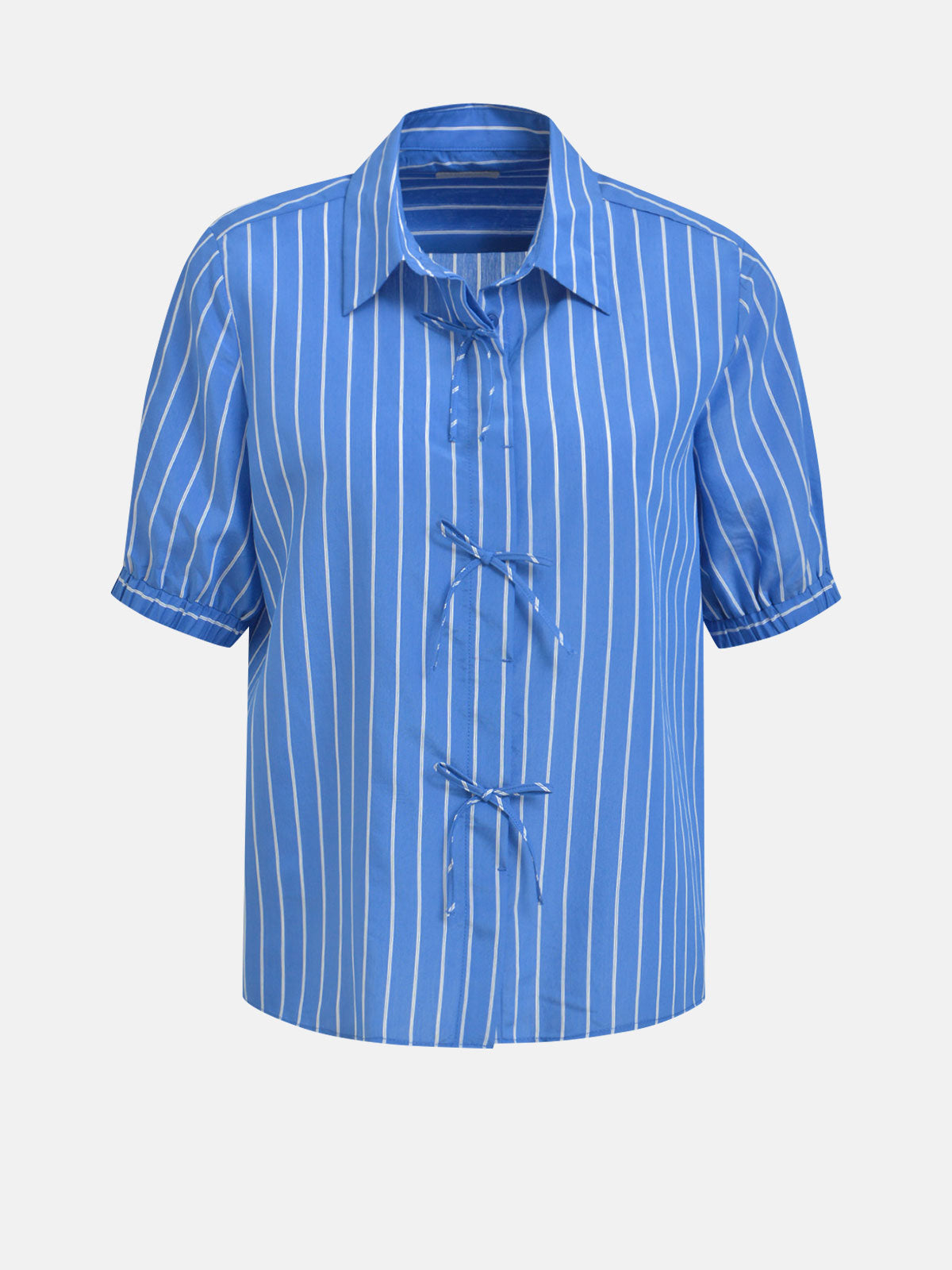 Milano Italy Short Sleeve Bow Blouse in Blue Stripe