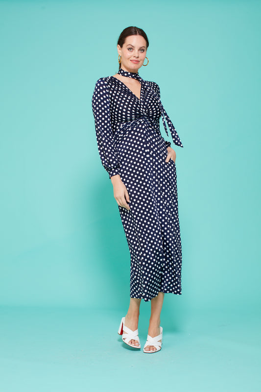 Fawcett Midi Dress in Polka Dot Navy