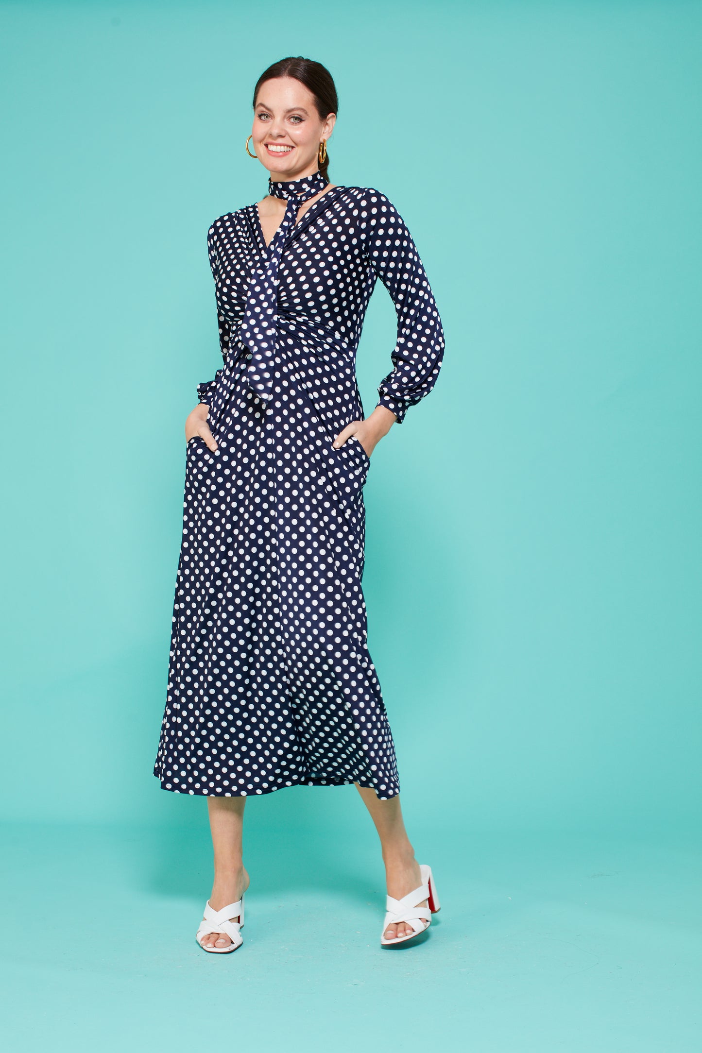 Fawcett Midi Dress in Polka Dot Navy