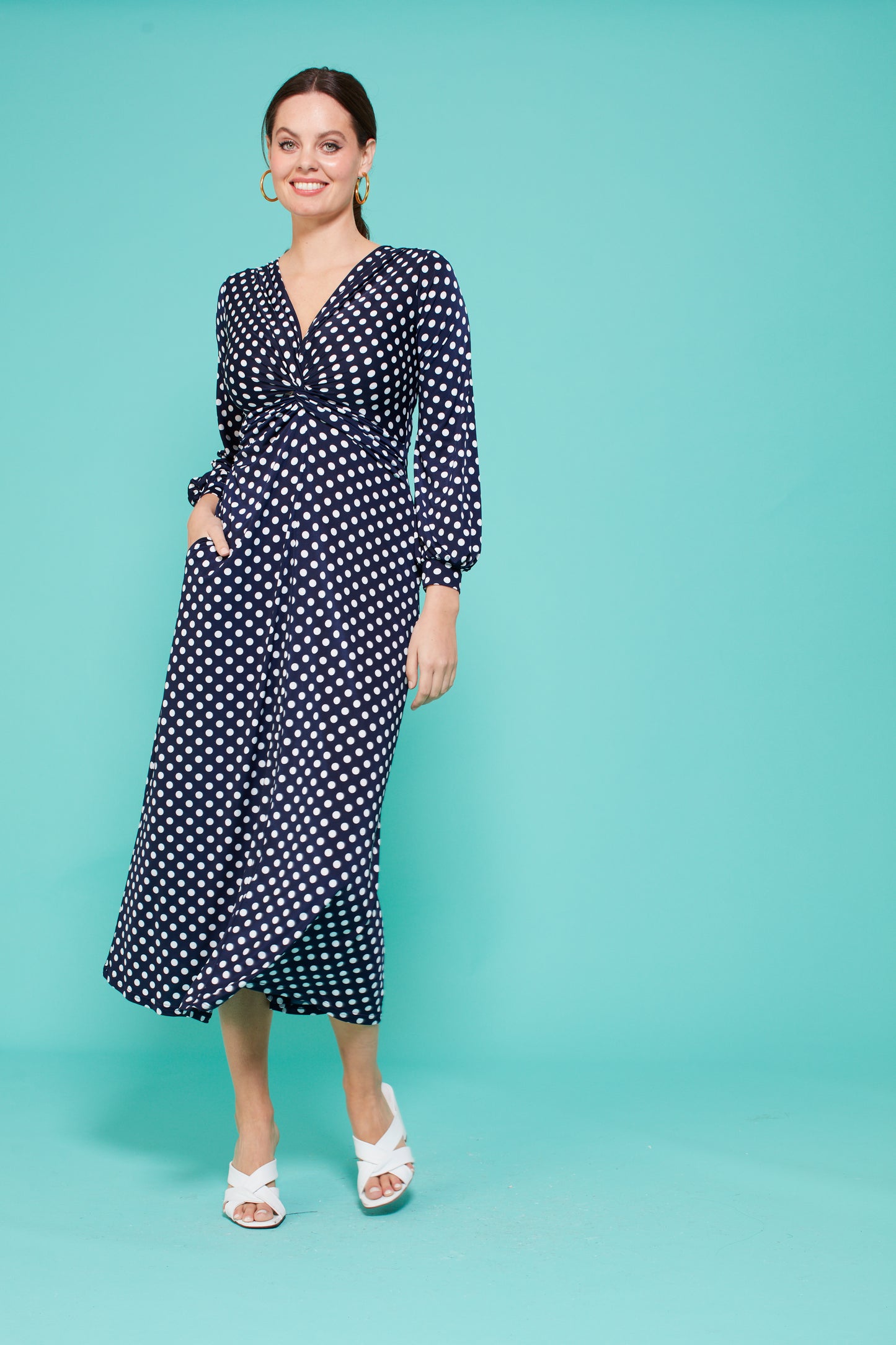 Fawcett Midi Dress in Polka Dot Navy