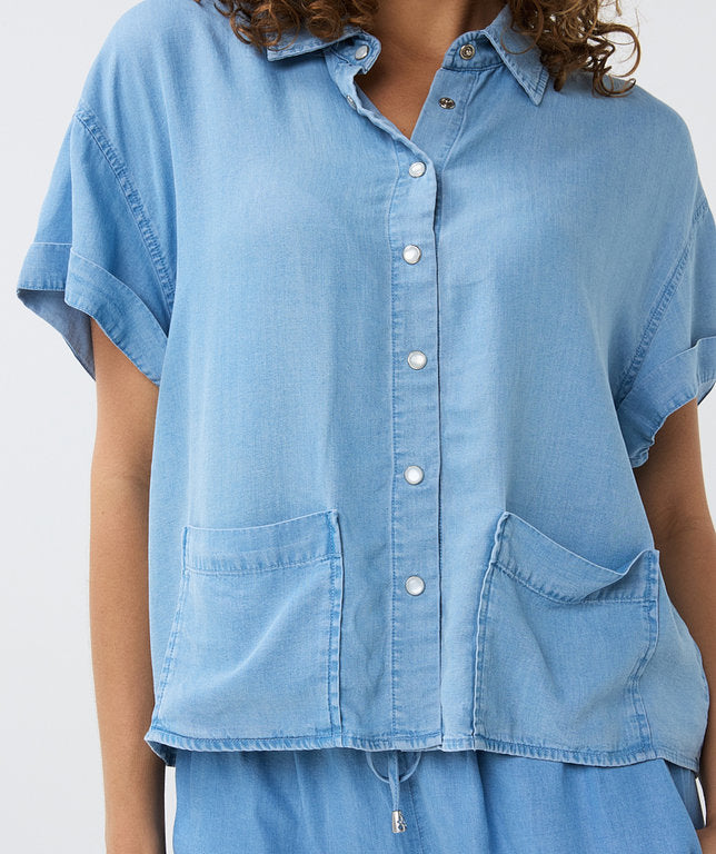 Cropped Denim Blouse in Light Blue